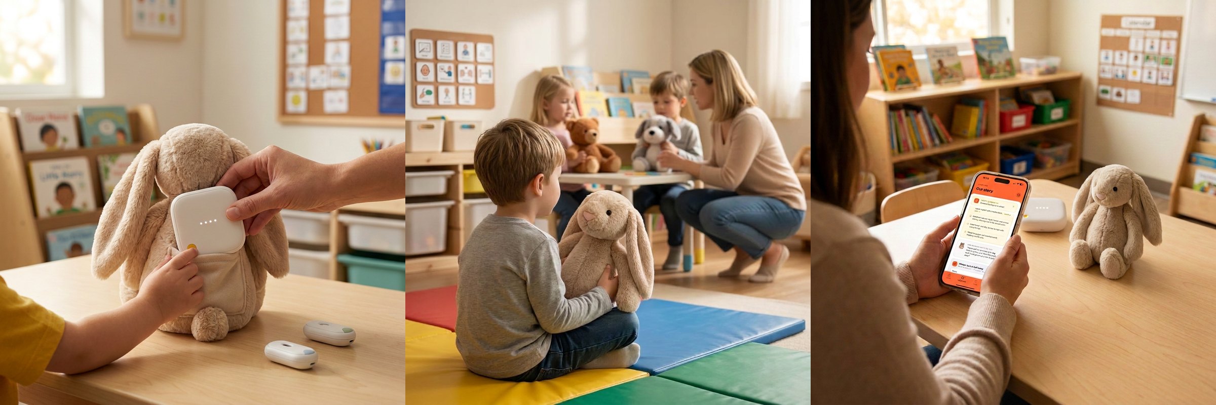 A hand slides the kit into a plush; a child practises with a plush while staff sit nearby; staff review progress in the app